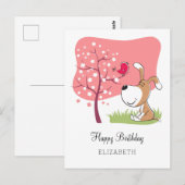 Happy Birthday Hund Welpe Bird Blume Blühen Rosa Postkarte (Vorne/Hinten)