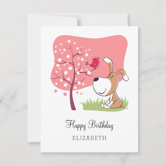 Happy Birthday Hund Welpe Bird Blume Pink Card (Vorderseite)