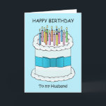 Happy Birthday Husband Cake und Candles Karte<br><div class="desc">Ein Cartoon eines großen,  weißen Geburtstagskuchens mit einem blauen Bogen um ihn herum und vielen hellen Kerzen darüber. Das Bild wird von den Worten "Zum Geburtstag glücklich zu meinem Mann" begleitet.</div>