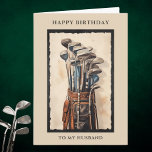 Happy Birthday Husband Golf Bag Geburtstagkarte Karte<br><div class="desc">Glückliche Geburtstagskarte für einen Golfbegeisterten. Herzlichen Glückwunsch zum Geburtstag Zu meinem Mann Gruß auf vorne zentriert oben und unten eine Aquarell-Illustration einer braunen Ledergolftasche mit Golfschlägern. Ein neutraler beigefarbener Aquarellhintergrund und ein schwarzer Rahmen verstärken die Darstellung. Fester Hintergrund in Farbe, um die Abbildung in verlassen zu entsprechen. Individuell gestaltbare Grüße...</div>
