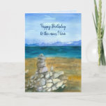 Happy Birthday Husband Lake Zen Rocks Karte<br><div class="desc">"Happy Birthday to the man I love" greeting card decorated with a mountain lake with zen zen rocks stacked on the beach painted in watercolor. Inspirred by a early spring scene from Lake Tahoe south shore.  You can edit the message to fit your needs.</div>