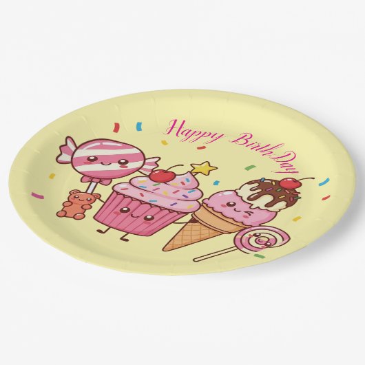 Happy Birthday Ice Cream & Sweets – Fun Cartoon De Pappteller (Schrägansicht)