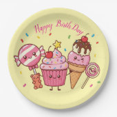 Happy Birthday Ice Cream & Sweets – Fun Cartoon De Pappteller (Vorderseite)