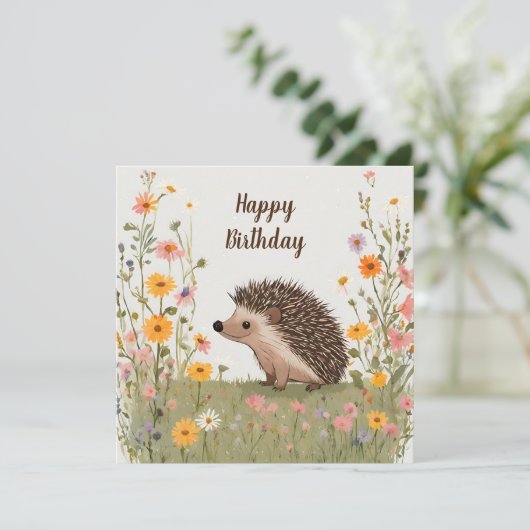 Happy Birthday Igel und Wildblumen Natur Karte (Stehend Vorderseite)