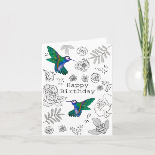 Happy Birthday Illustriert Floral Hummingbird Card Karte