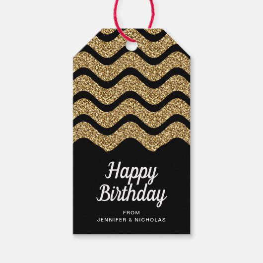 Happy Birthday Imitate Gold Glitzer Black Geschenkanhänger (Vorderseite)