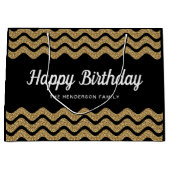 Happy Birthday Imitate Gold Glitzer Black Stripes Große Geschenktüte (Vorderseite)