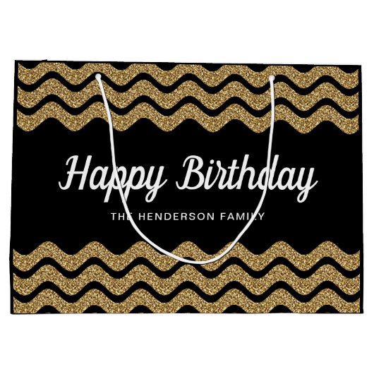 Happy Birthday Imitate Gold Glitzer Black Stripes Große Geschenktüte (Rückseite)