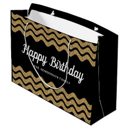 Happy Birthday Imitate Gold Glitzer Black Stripes Große Geschenktüte