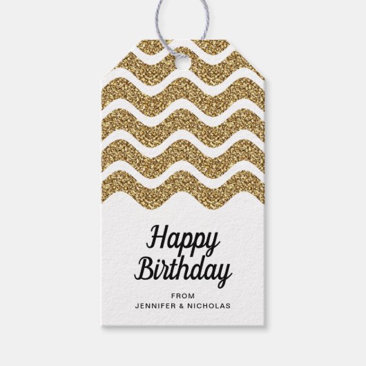 Happy Birthday Imitate Gold Glitzer White Geschenkanhänger (Vorderseite)