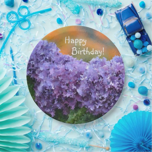 Happy Birthday Impressionistische Lila Hydrangea Pappteller (Party)