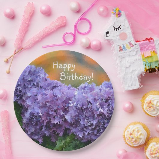 Happy Birthday Impressionistische Lila Hydrangea Pappteller (Party)