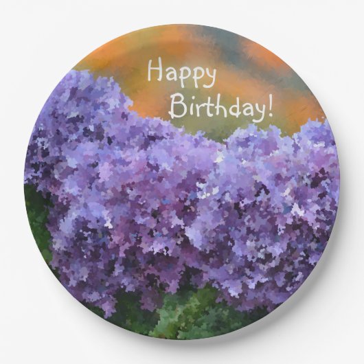 Happy Birthday Impressionistische Lila Hydrangea Pappteller (Vorderseite)