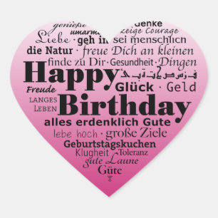 Happy Birthday in internationalen Sprachen Herz-Aufkleber