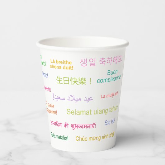 Happy Birthday in vielen verschiedenen Sprachen Ta Pappbecher (Rückseite)