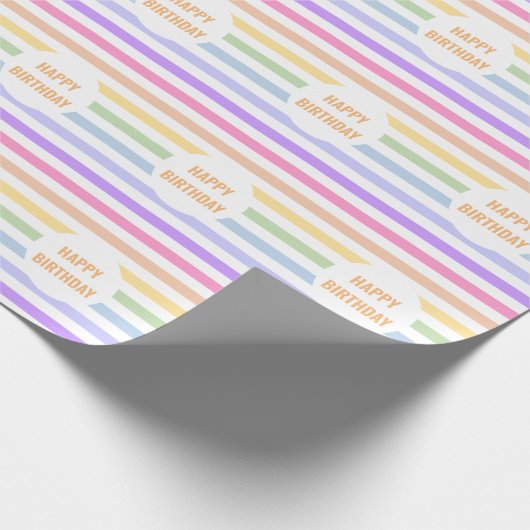Happy Birthday in White Circle Rainbow Stripes Geschenkpapier (Ecke)