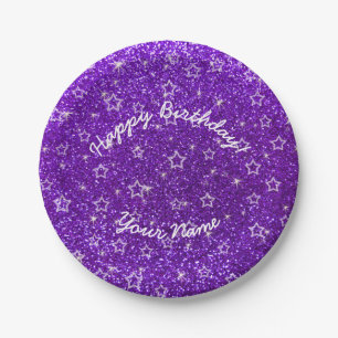 Happy Birthday Indigo lila Glitzer Stars Pappteller