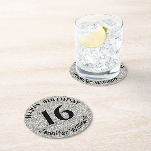 Happy Birthday Individuelle Name Age Year Silver G Runder Pappuntersetzer (Vor Ort)