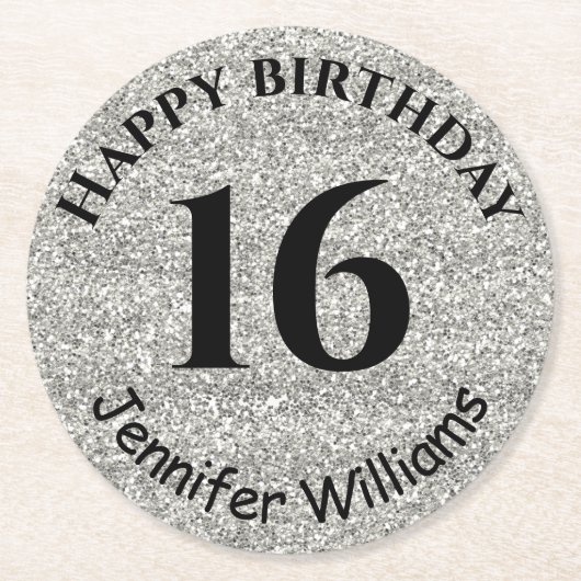 Happy Birthday Individuelle Name Age Year Silver G Runder Pappuntersetzer (Vorderseite)