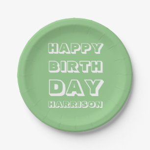 Happy Birthday Individuelle Name Salbei Grün Moder Pappteller