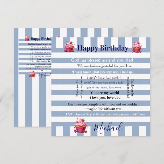 Happy Birthday Invitation Blue & White Stripe  Einladung (Vorne/Hinten)