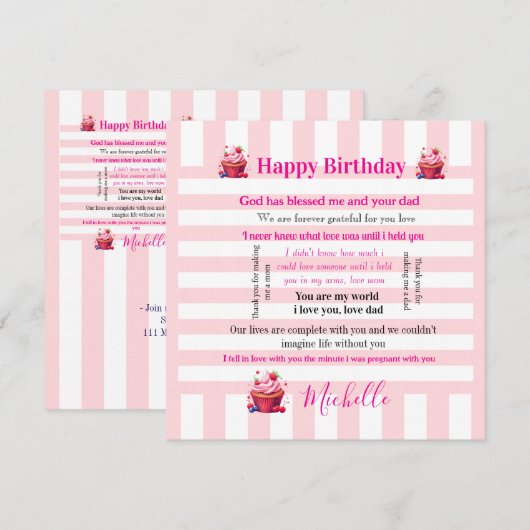 Happy Birthday Invitation Pink & White Stripe Einladung (Vorne/Hinten)