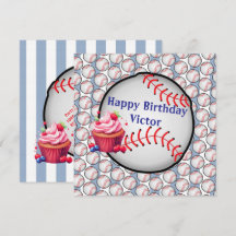 Happy Birthday Invitation Stripe Blue Baseball