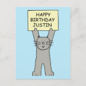 Happy Birthday Justin Cartoon Cat Postkarte (Vorderseite)