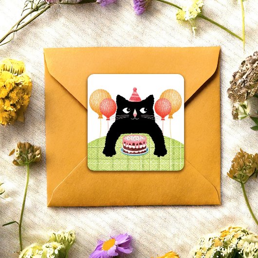 Happy Birthday Katze, Kuchen und Ballons Aufkleber