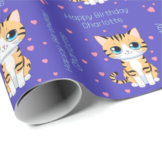 Happy Birthday Kawaii Cat Personalisierte Geschenk Geschenkpapier (Rolleneckpunkt)