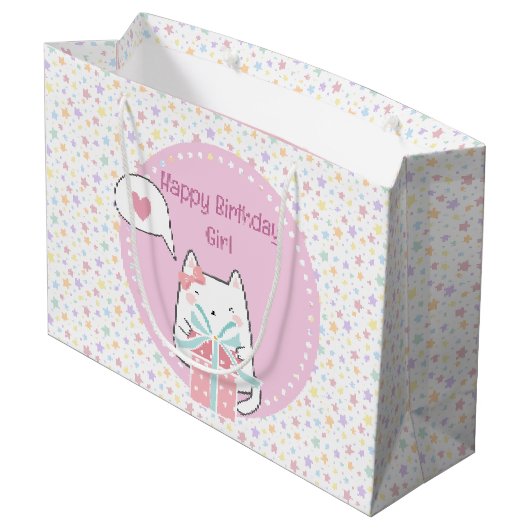 Happy Birthday Kawaii Katze mit Geschenkboxen Große Geschenktüte (Rückseite Schrägansicht)