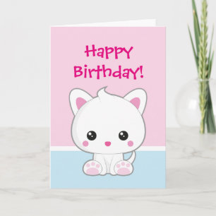 Happy Birthday Kawaii White Cat Karte