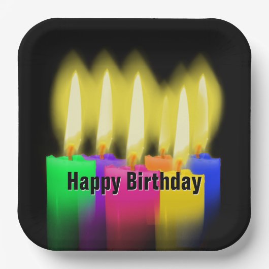 Happy Birthday Kerzen auf schwarz Pappteller (Vorderseite)