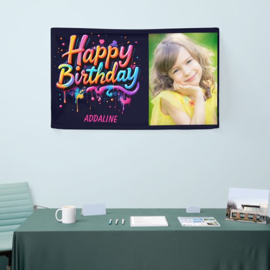 Happy Birthday Kids Black Orange Pink Foto Banner (Messeveranstaltung)
