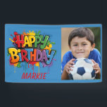 Happy Birthday Kids Blue Yellow Red Foto Banner<br><div class="desc">Feiern Sie stilvoll mit diesem Personalisierten Graffiti Birthday Banner - das perfekte Statement für den besonderen Tag Ihres Kindes! Mit einem blauen Hintergrund mit lebendigem Rot, Gelb, Grün und Blau-Graffiti-Stil, Pop dieses Banners mit Persönlichkeit und Spaß. Fügen Sie ihren Namen und ihr Foto hinzu, um eine einmalige Party-Dekoration zu schaffen,...</div>
