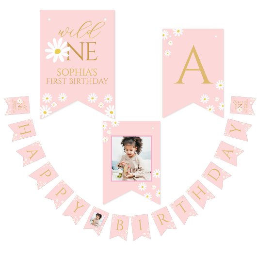 Happy Birthday Kids boho daisy Cute Pink Wimpelkette