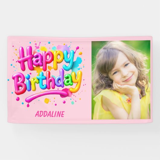 Happy Birthday Kids Pink Yellow Graffiti Foto Banner (Horizontal)
