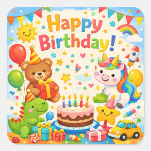 Happy Birthday Kinderparty-Aufkleber Quadratischer Aufkleber