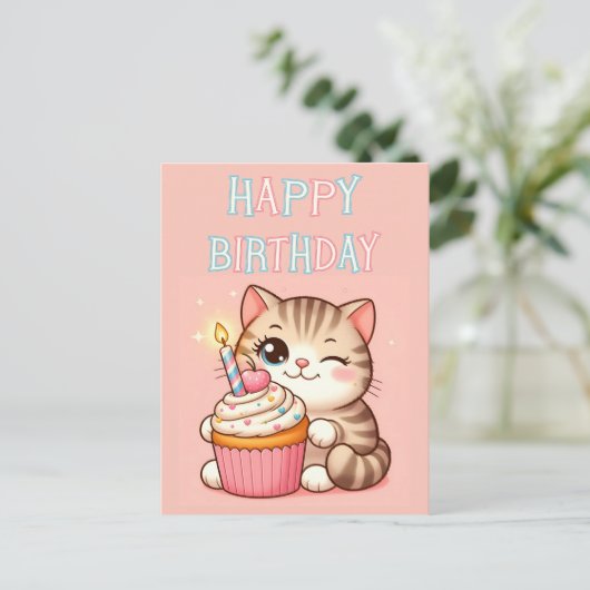 Happy Birthday Kitten cupcake Postcard Postkarte (Stehend Vorderseite)