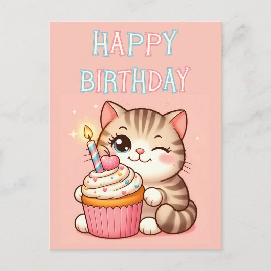Happy Birthday Kitten cupcake Postcard Postkarte (Vorderseite)
