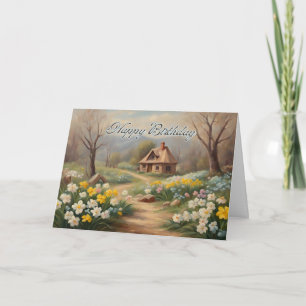 Happy Birthday Kleine Hütte und Frühjahrsgarten Karte