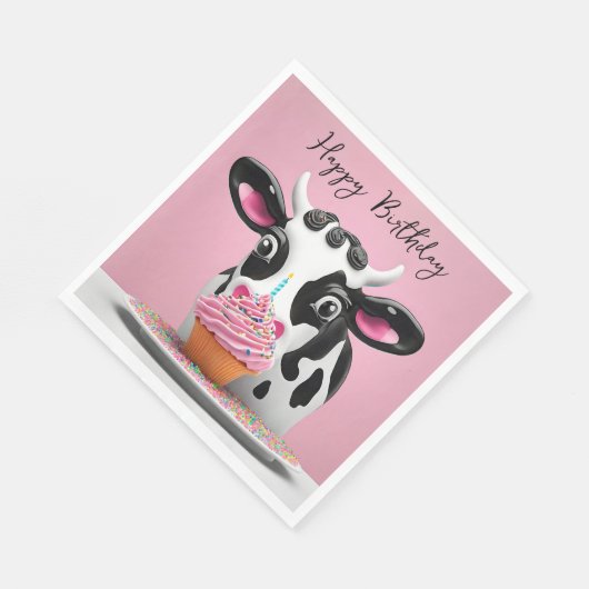 Happy Birthday Kuh mit Cupcake on rosa Serviette (Ecke)