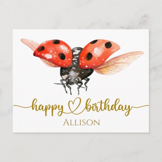 Happy Birthday Ladybug Watercolor Post Card Postkarte (Vorderseite)