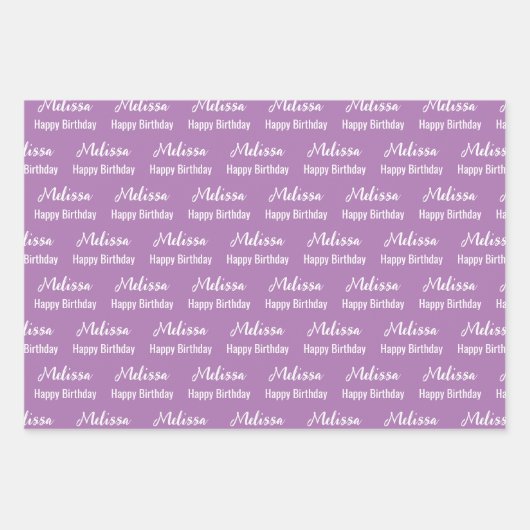 Happy Birthday Lavender und White Name Muster Geschenkpapier Set (Vorderseite 3)