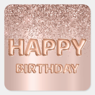 Happy Birthday Letter Balloon Rose Gold Glitzer Quadratischer Aufkleber