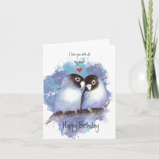 Happy Birthday Liebe Blue Lovebirds Bird Art Colle Dankeskarte (Vorderseite)