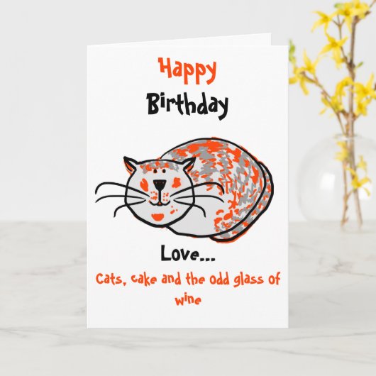 Happy Birthday Liebe Katzen, Kuchen & Wein Karte (Gelbe Blume)