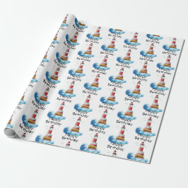 Happy Birthday Lighthouses on White Geschenkpapier