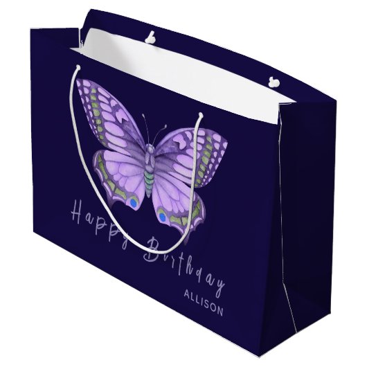Happy Birthday Lila Butterfly Große Geschenktasche Große Geschenktüte (Rückseite Schrägansicht)
