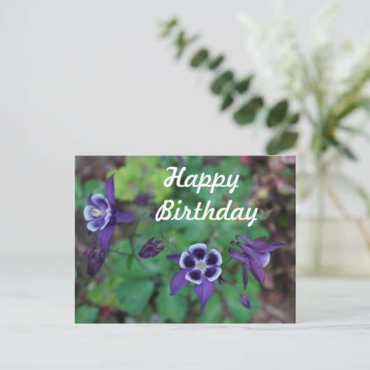 Happy Birthday Lila Columbine Blume Postcard Postkarte (Stehend Vorderseite)